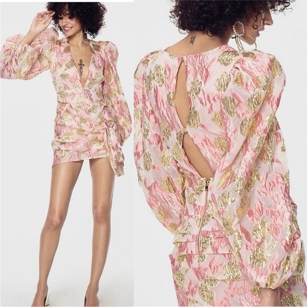 For Love & Lemons Pink and Gold Floral Jacquard Mini Dress
